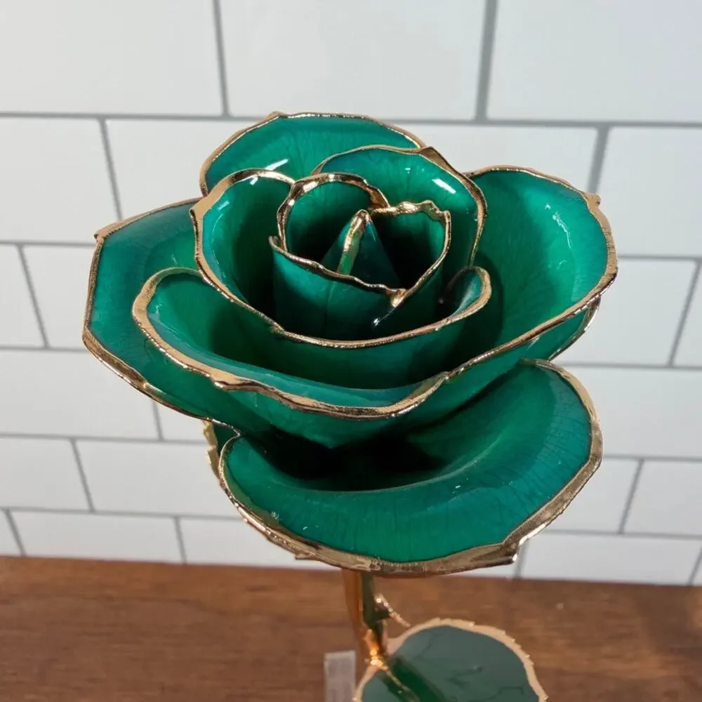 DeFaith 24k Gold Dipped Lacquered Green Rose with Acrylic Stand